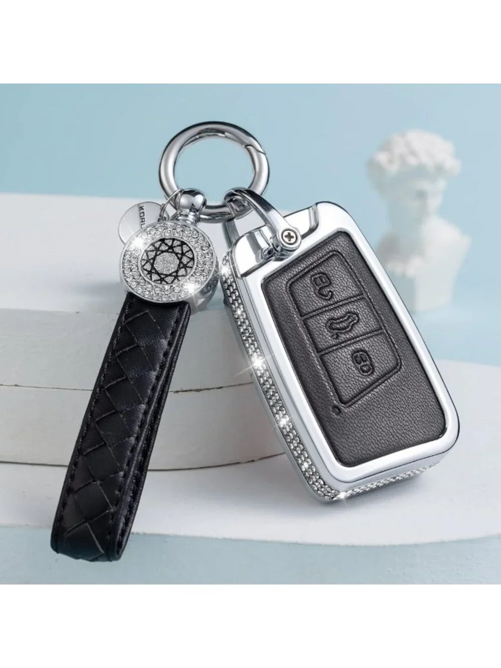 Leather Key Fob Cover with Keychain for VW - 360° Protection, Crystal Design, 3
